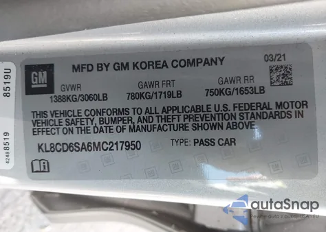 2021 Chevrolet Spark Fwd 1Lt Automatic из США, поврежденный, VIN KL8CD6SA6MC217950